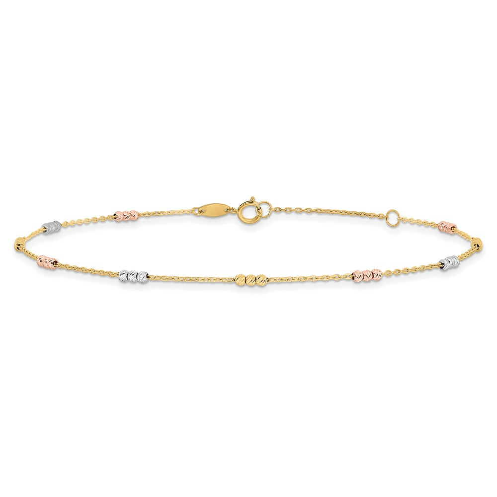 14K Tri-color Polished with Diamond-cut Beads 9in Plus 1in. ext. Anklet