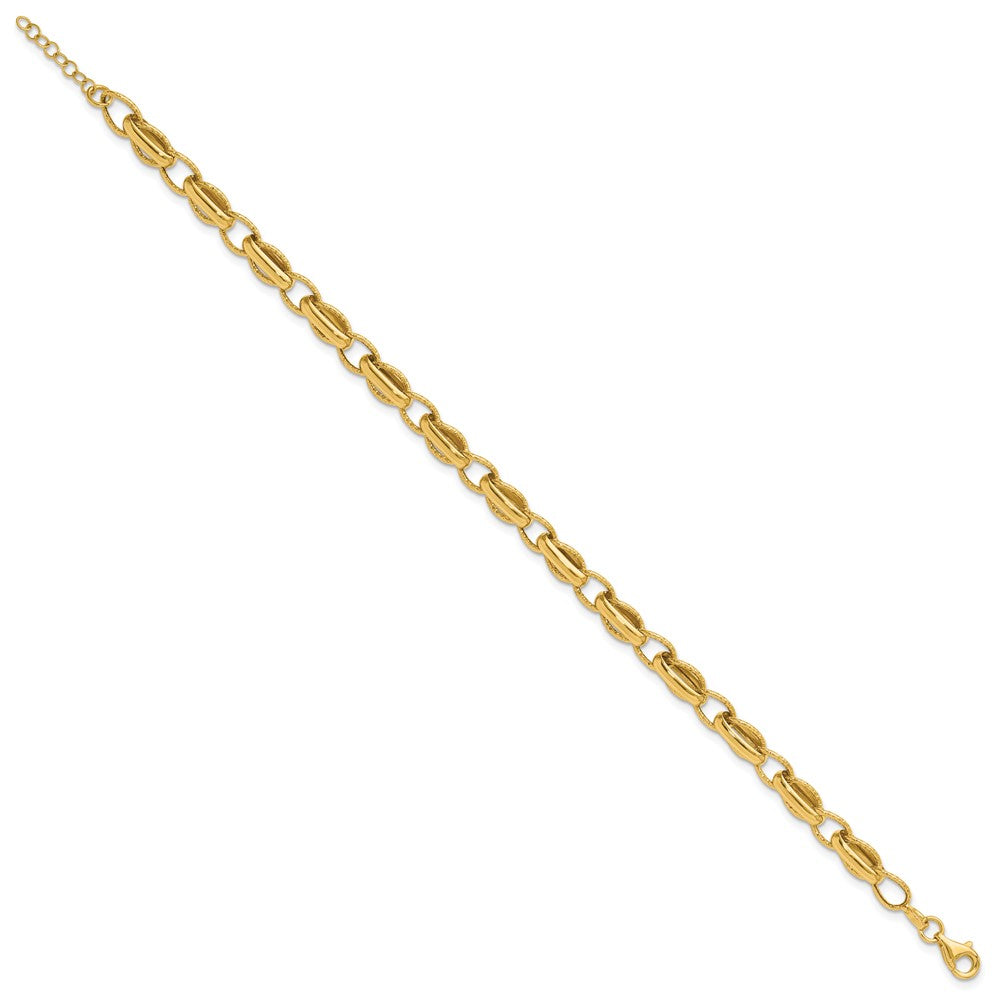 14K Polished and Textured Fancy Link with .5in ext. Bracelet
