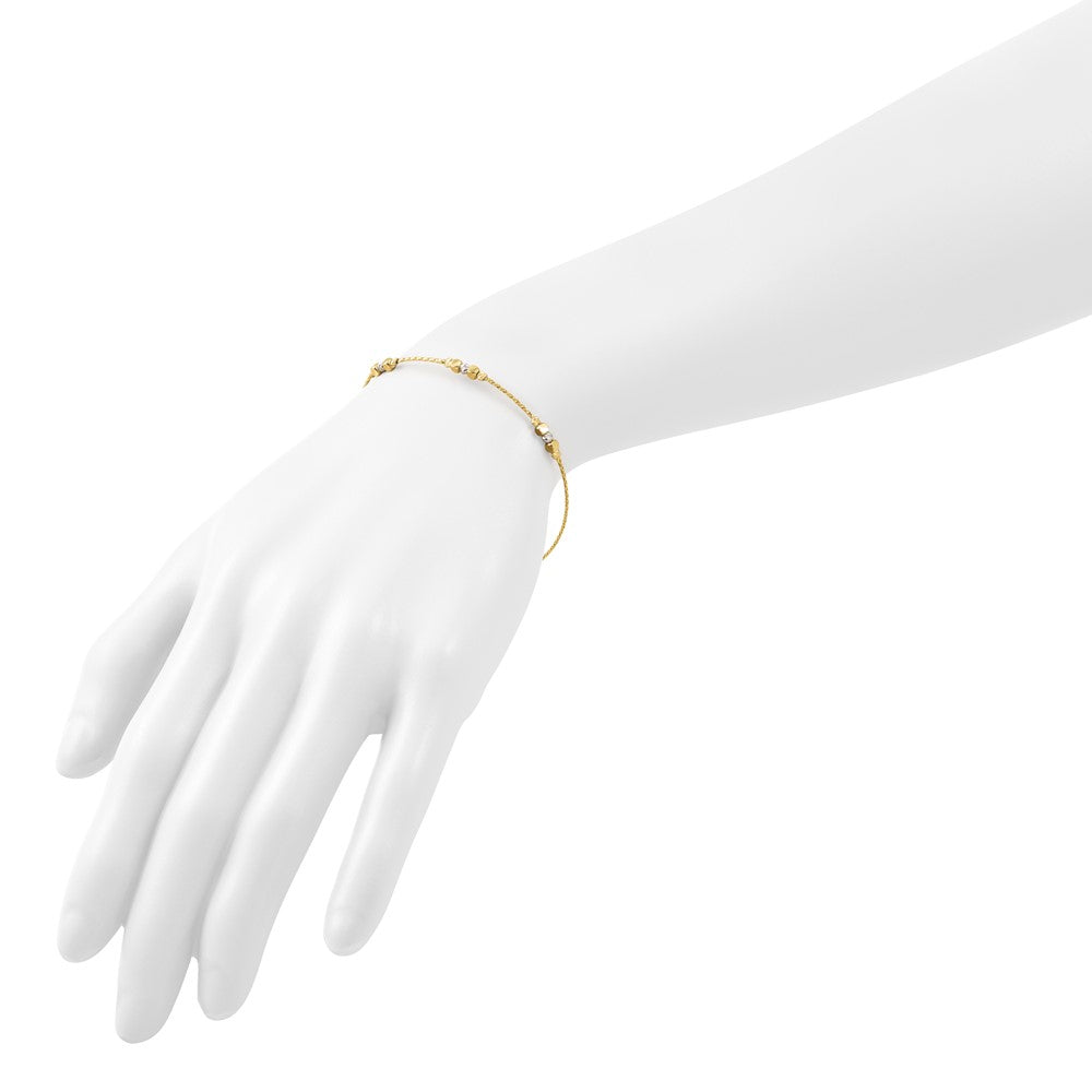 14K Two-tone Pol/Texture/Dia-cut Beads with 1in ext. Bracelet