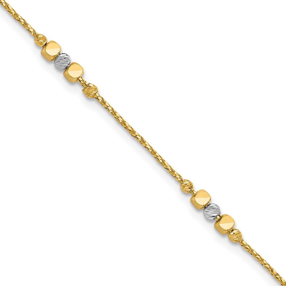 14K Two-tone Pol/Texture/Dia-cut Beads with 1in ext. Bracelet