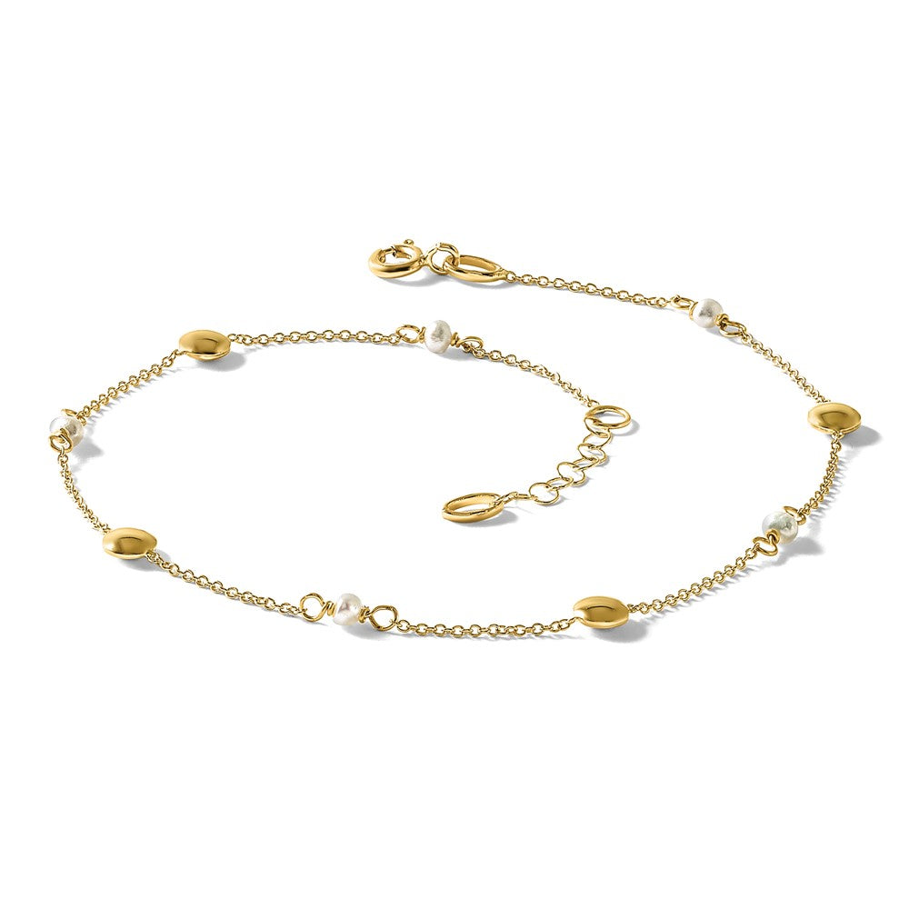 14K Polished FWC Pearl and Circles 9in Plus 1in ext. Anklet