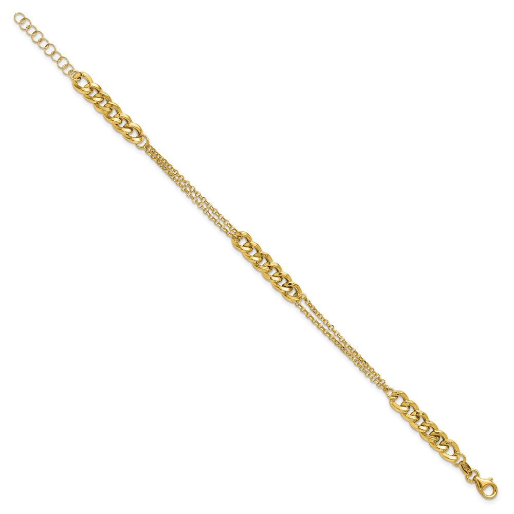 14K Polished/Dia-cut 2-Strand Fancy Link with 1in ext. Bracelet