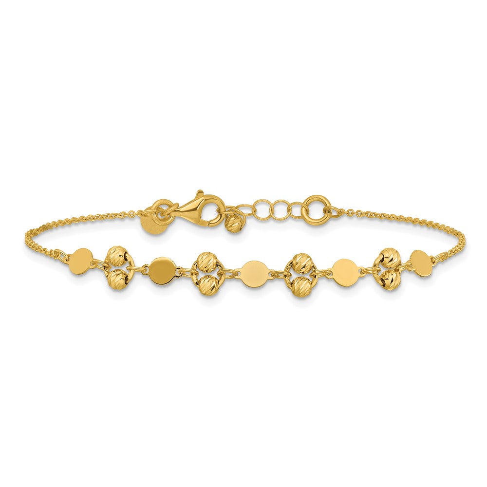 14K Polished Diamond-cut Beaded Fancy Circles with .5in Ext. Bracelet