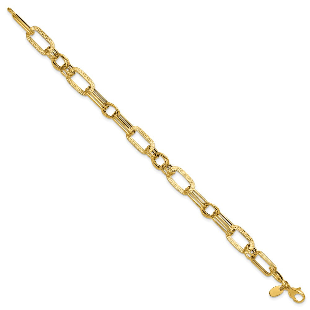 14K Polished and Textured Fancy Greek Key Link Bracelet