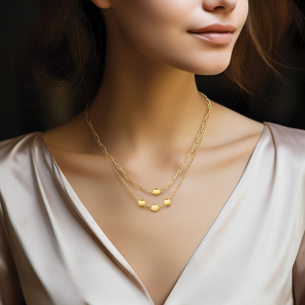 14K Polished Layered Link with Beads Necklace