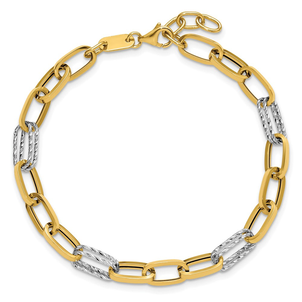 14K Two-tone Polished / Dia-cut Fancy Link with .5in ext. Bracelet