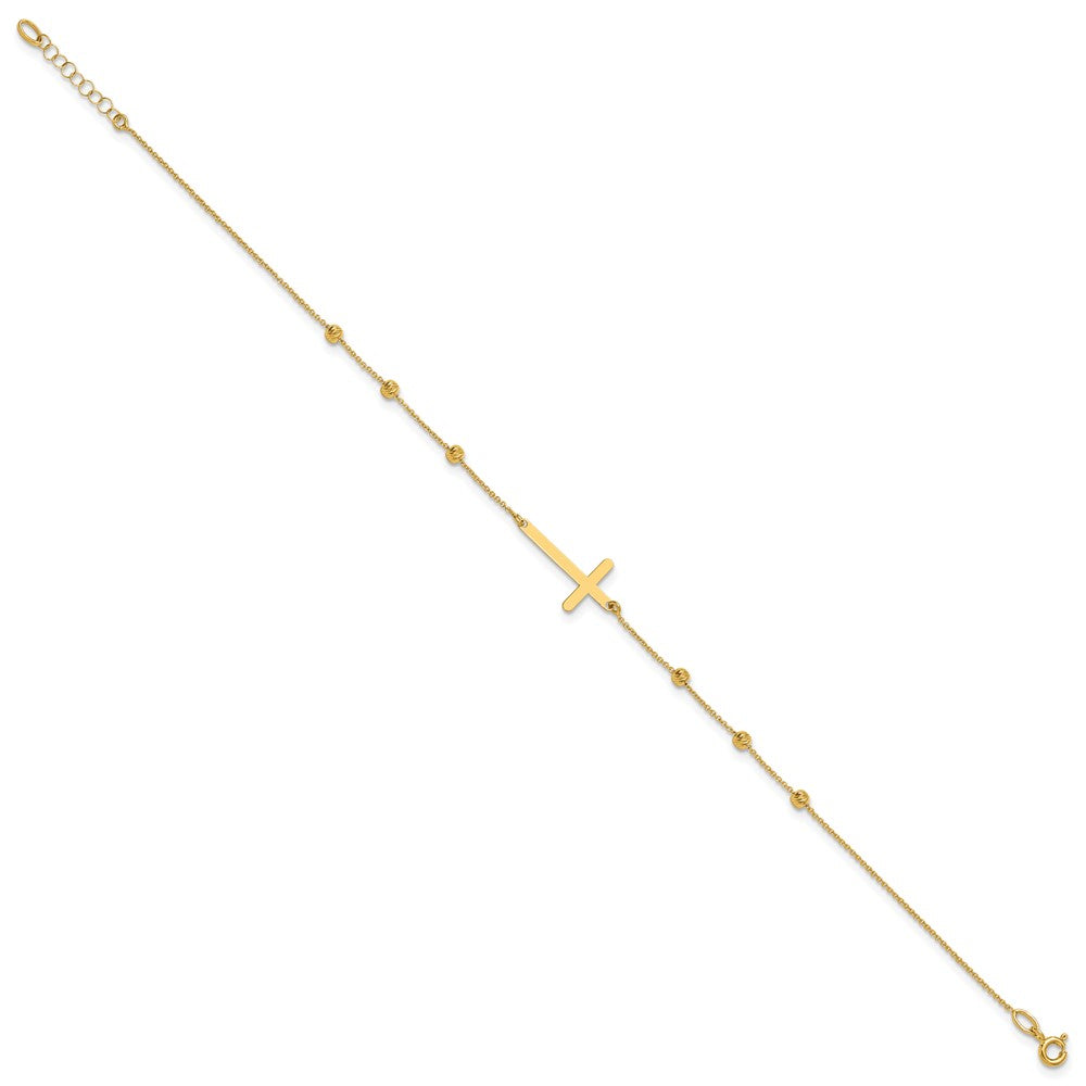 14K Polished/Diamond-cut Cross and Beads 9in Plus 1in ext. Anklet