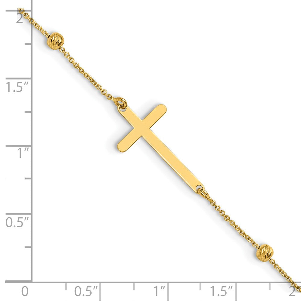 14K Polished/Diamond-cut Cross and Beads 9in Plus 1in ext. Anklet