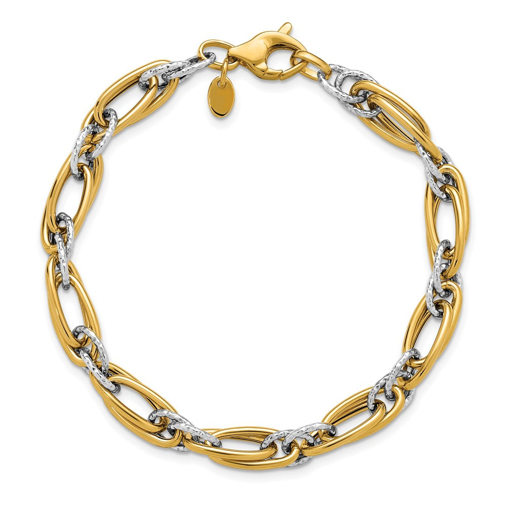 14K Two-tone Polished and Textured Fancy link Bracelet