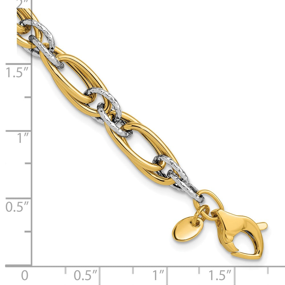 14K Two-tone Polished and Textured Fancy link Bracelet