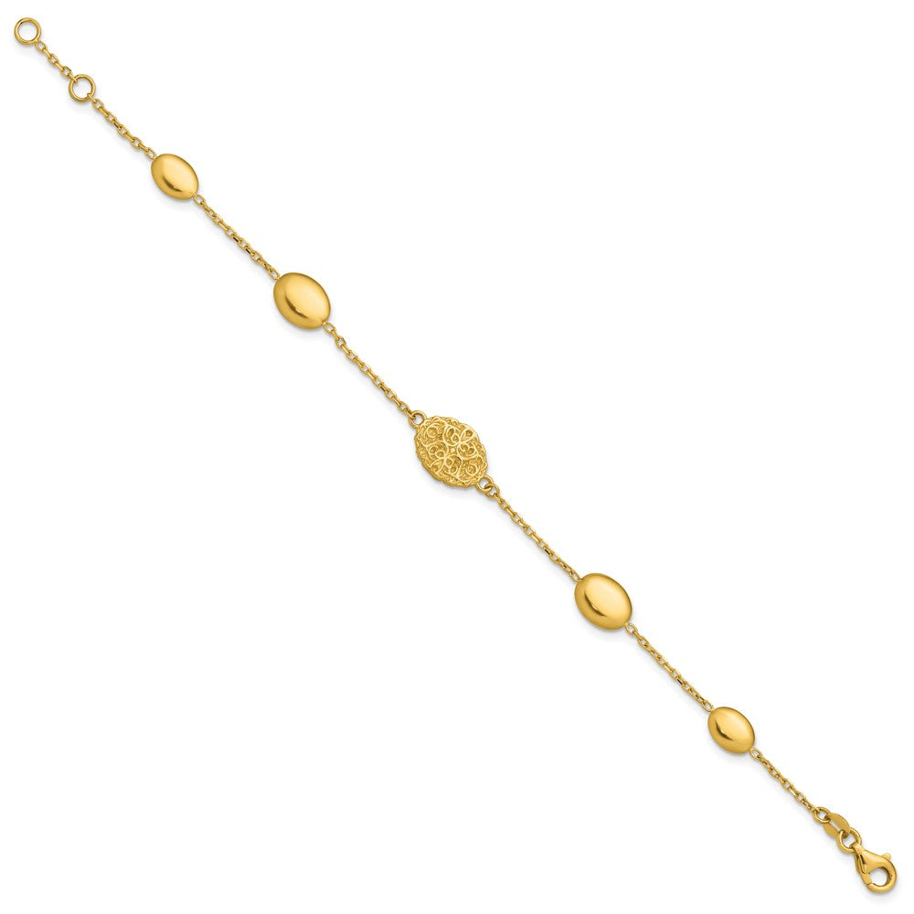 14K Polished Oval Textured with .5in Ext. Fancy Bracelet