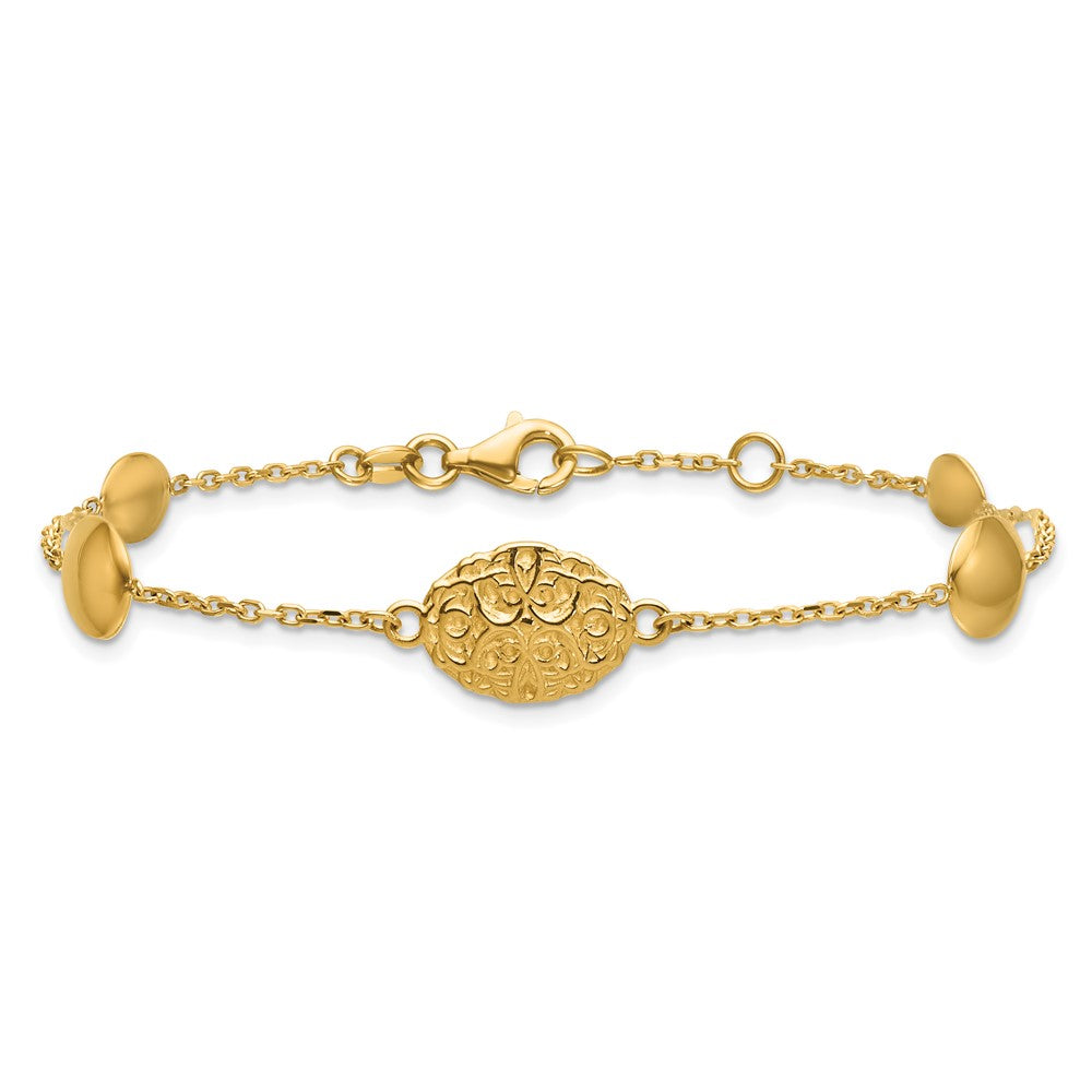 14K Polished Oval Textured with .5in Ext. Fancy Bracelet