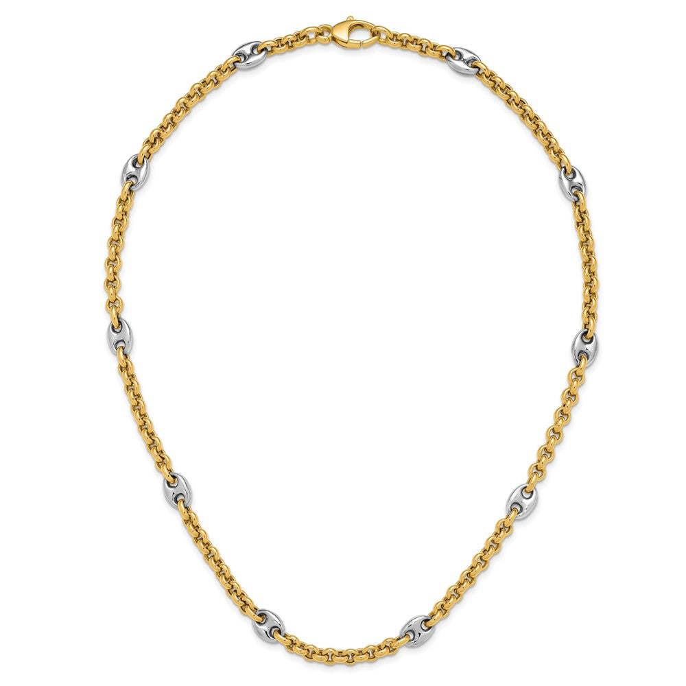 14K Two-tone Polished Fancy Puffed Mariner Link Necklace