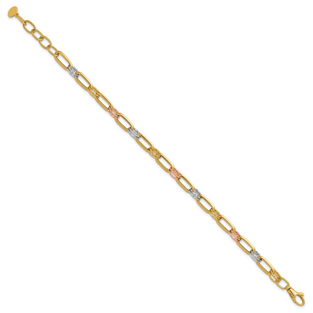14K Tri-color Polished / DC Fancy Link with 1in ext. Bracelet