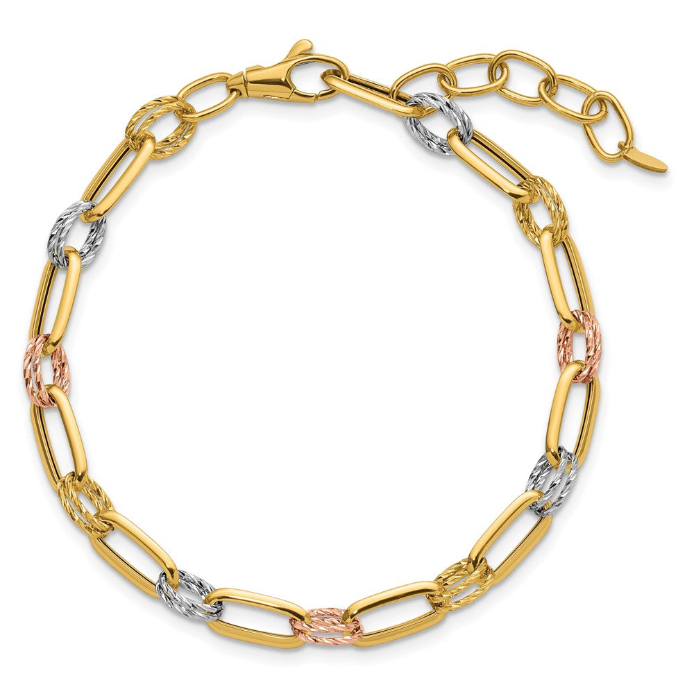 14K Tri-color Polished / DC Fancy Link with 1in ext. Bracelet