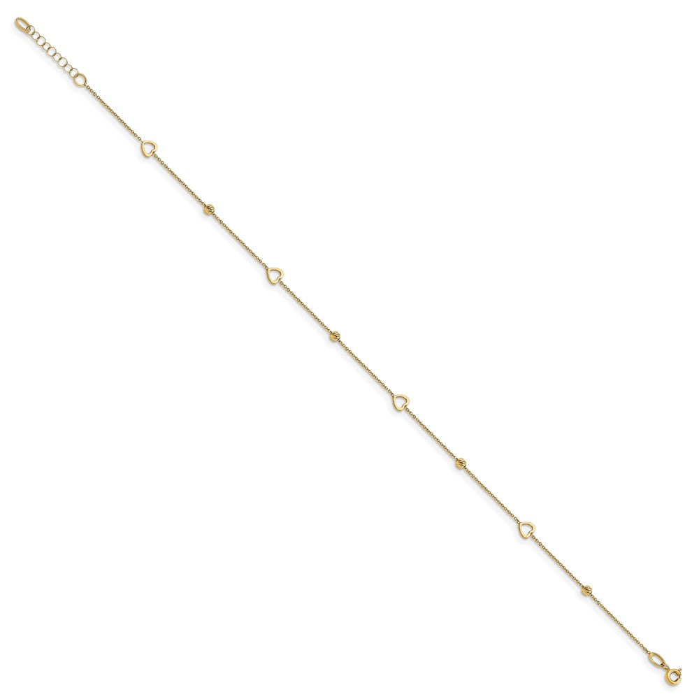 14K Polished and Diamond-cut Heart with 1in ext. Anklet
