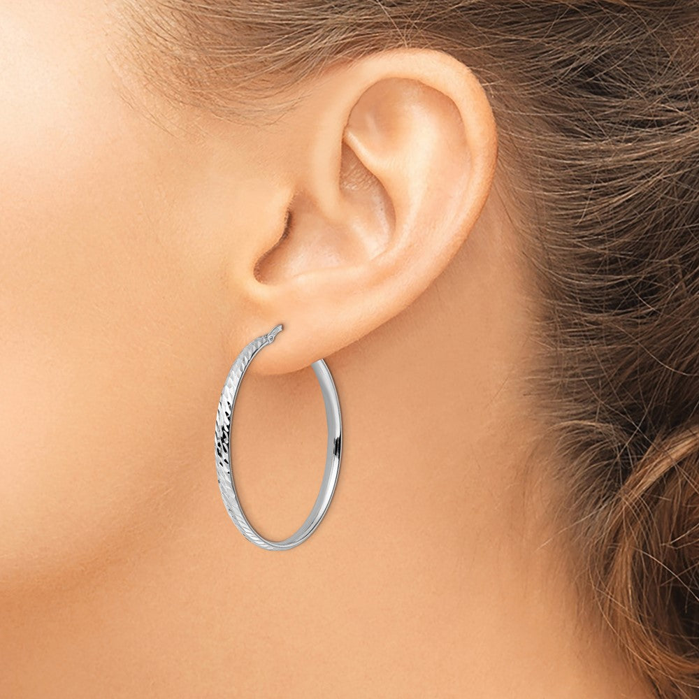 Sterling Silver Rhod-plated Polished Diamond-cut Hoop Earrings