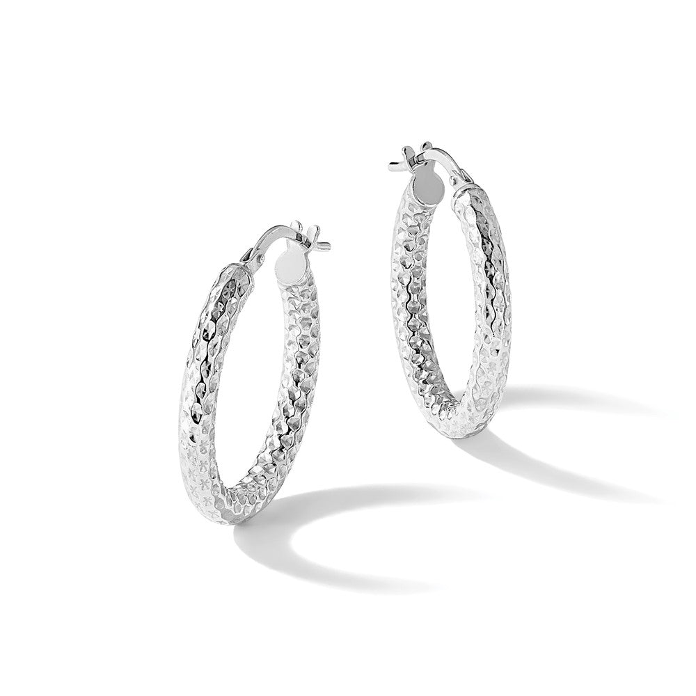 Sterling Silver Rhod-plated Polished Diamond-cut Hoop Earrings