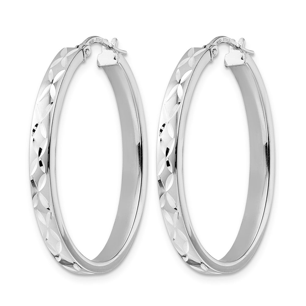 Sterling Silver Rhod-plated Polished Diamond-cut Oval Hoop Earrings