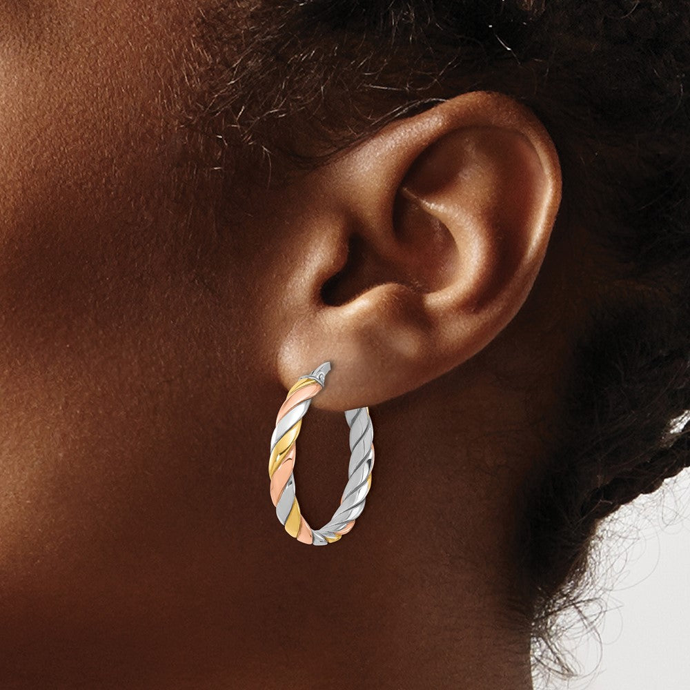SS Rhodium-plated with Gold and Rose-tone Polished Hoop Earrings