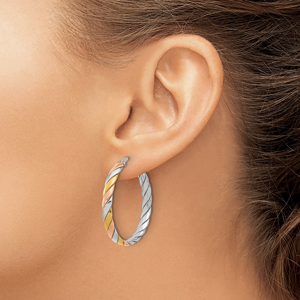 SS Rhodium-plated with Gold and Rose-tone Polished Hoop Earrings