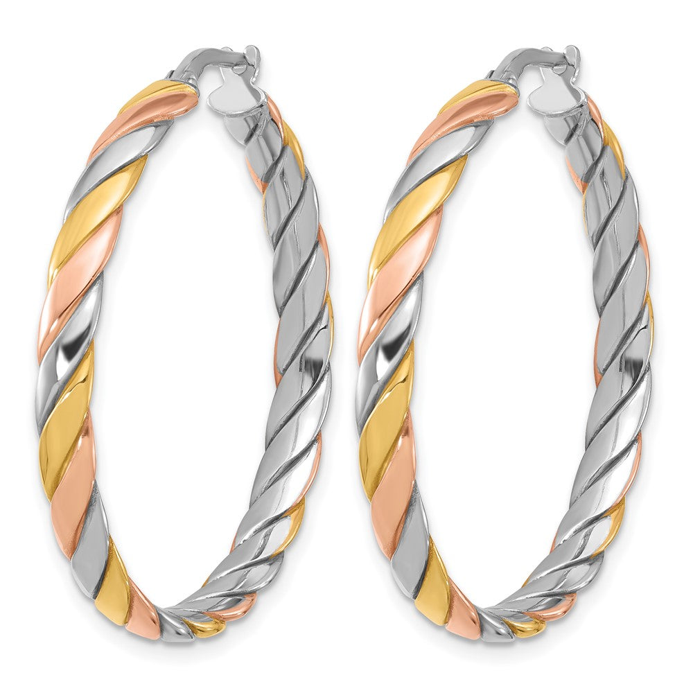 SS Rhodium-plated with Gold and Rose-tone Polished Hoop Earrings