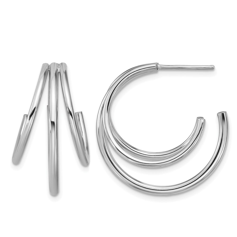 Sterling Silver Rhodium-plated Polished 3-row J-hoop Post Earrings