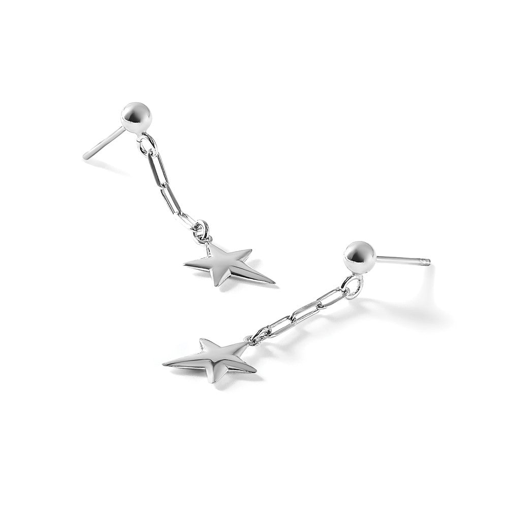 SS Rhodium-plated Polished Star Link Dangle Post Earrings