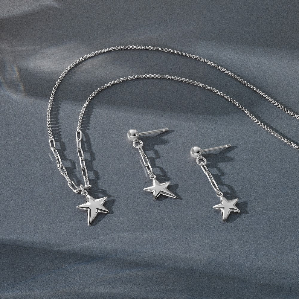 SS Rhodium-plated Polished Star Link Dangle Post Earrings