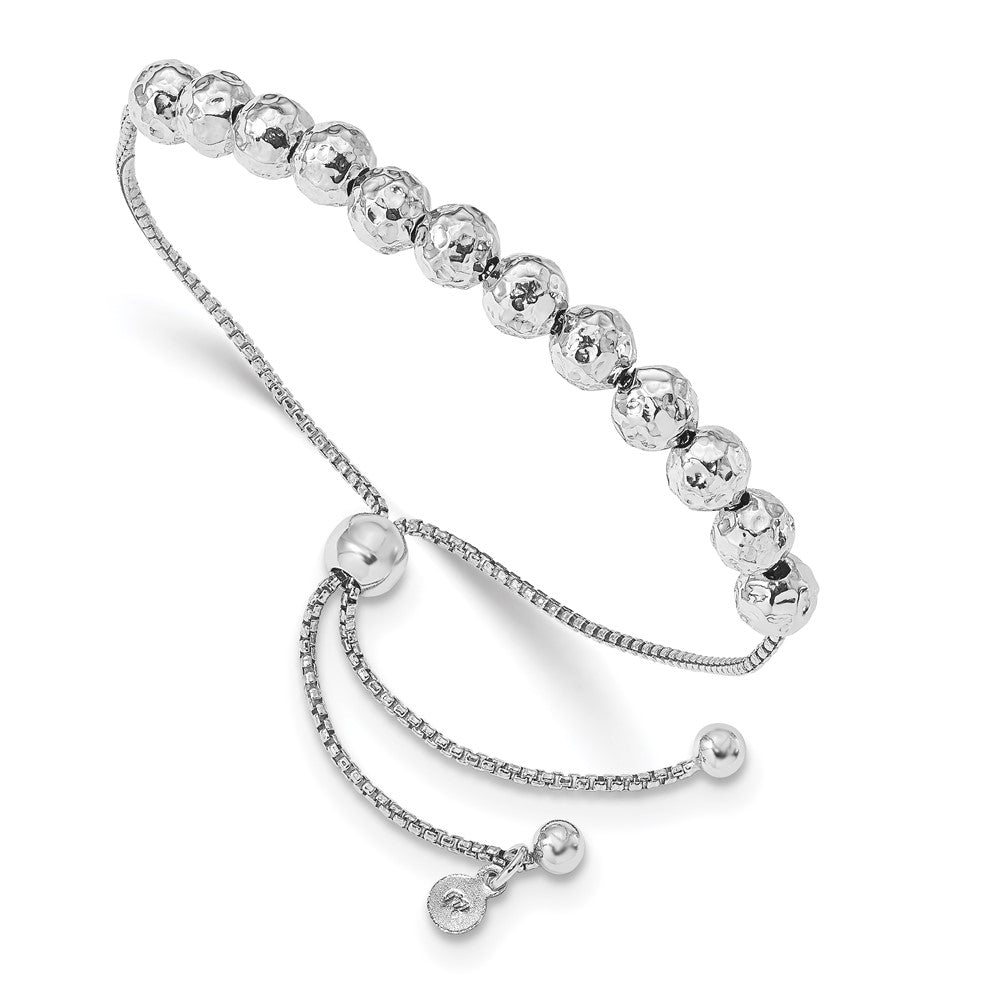 Sterling Silver Rhodium-plated Hammered Beaded Adj. Bracelet