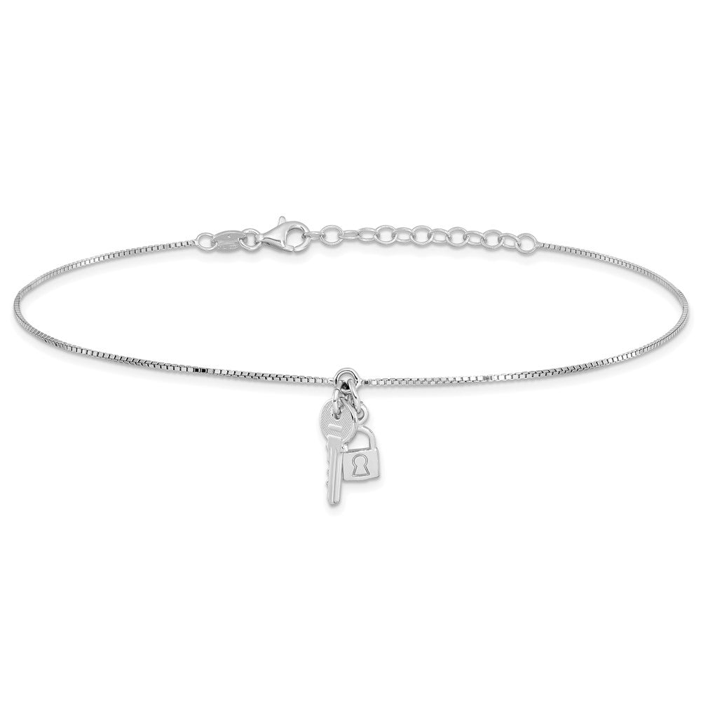 Sterling Silver Rhod-pl Polished Lock and Key with 1in ext. Anklet