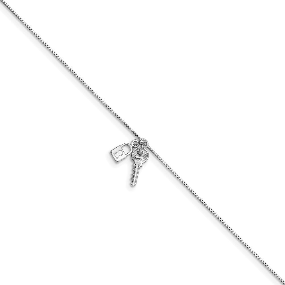 Sterling Silver Rhod-pl Polished Lock and Key with 1in ext. Anklet