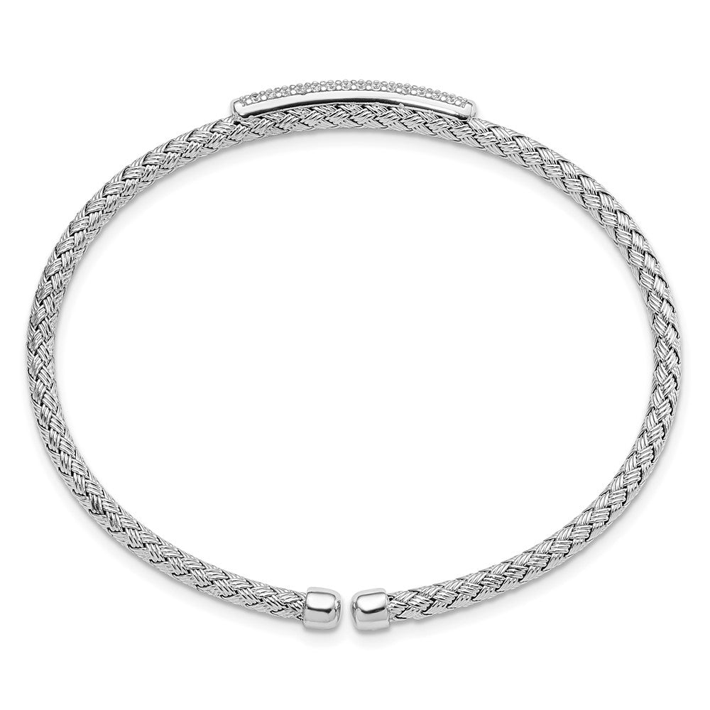 Sterling Silver Rhodium-plated CZ Woven Flexible Cuff Bangle