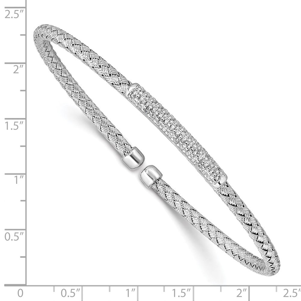 Sterling Silver Rhodium-plated CZ Woven Flexible Cuff Bangle
