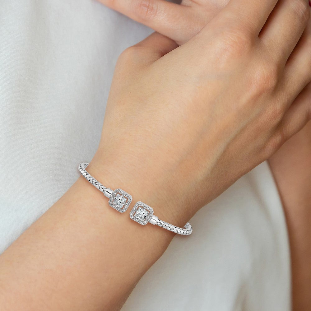 Sterling Silver Rhodium-plated CZ Polished Square Halo Cuff Bangle