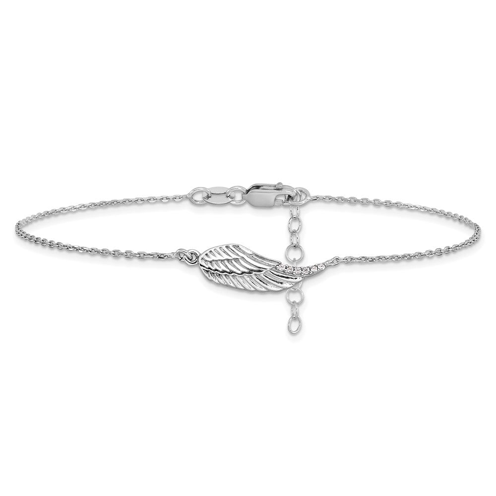 Sterling Silver Rhodium-plated CZ Angel Wing 9in. Plus 1in. ext. Anklet