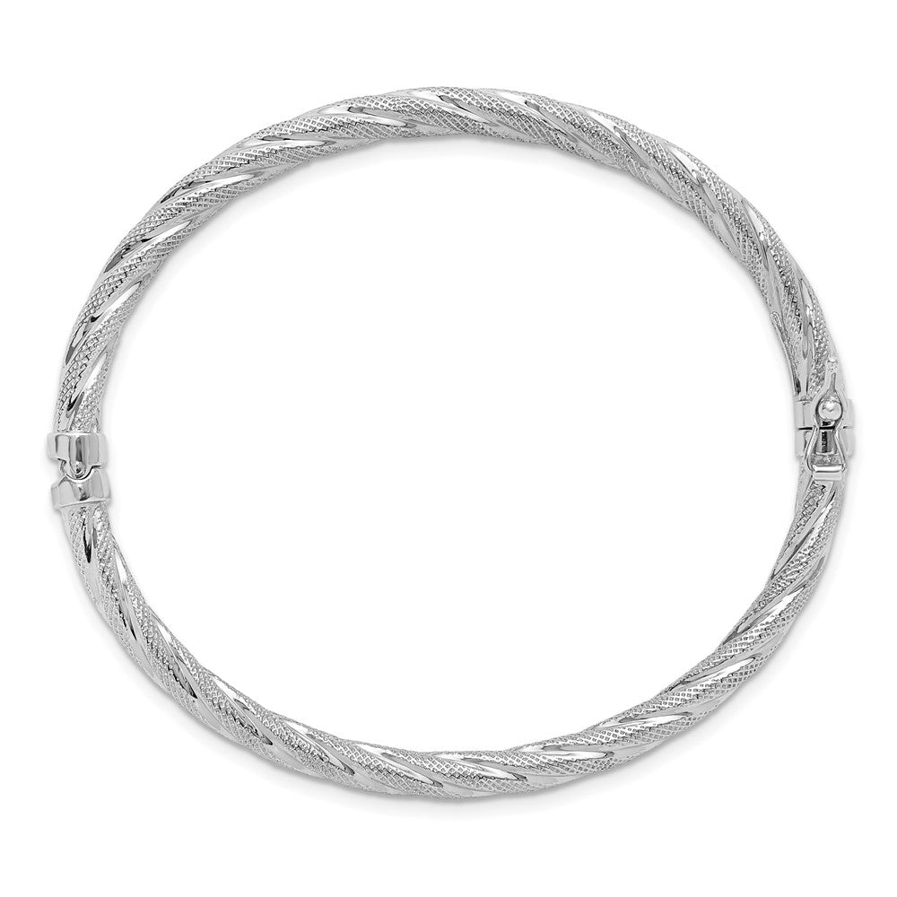 Sterling Silver Rh-plt Polished / Textured Twisted Hinged Bangle