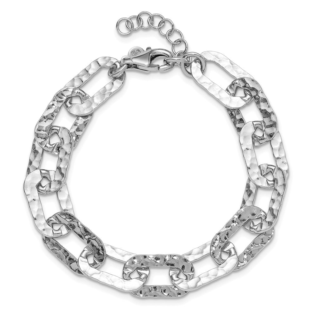 Sterling Silver Rh-pl Polished/Hammered Fancy with 1in ext. Bracelet