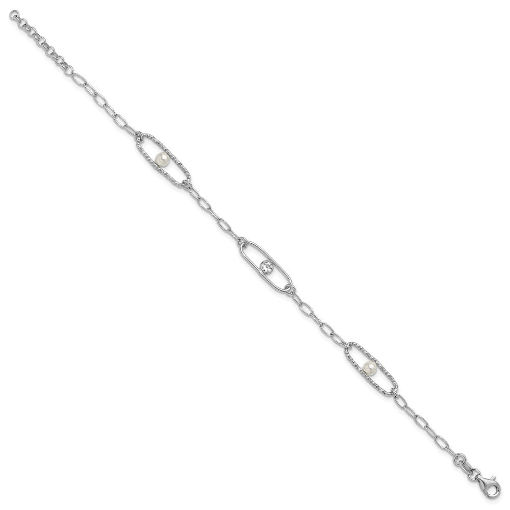 Sterling Silver Rh-plated CZ and Crystal Pearl with 1in ext. Bracelet