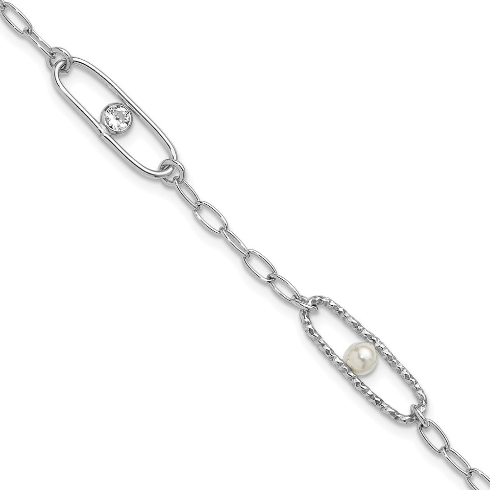 Sterling Silver Rh-plated CZ and Crystal Pearl with 1in ext. Bracelet