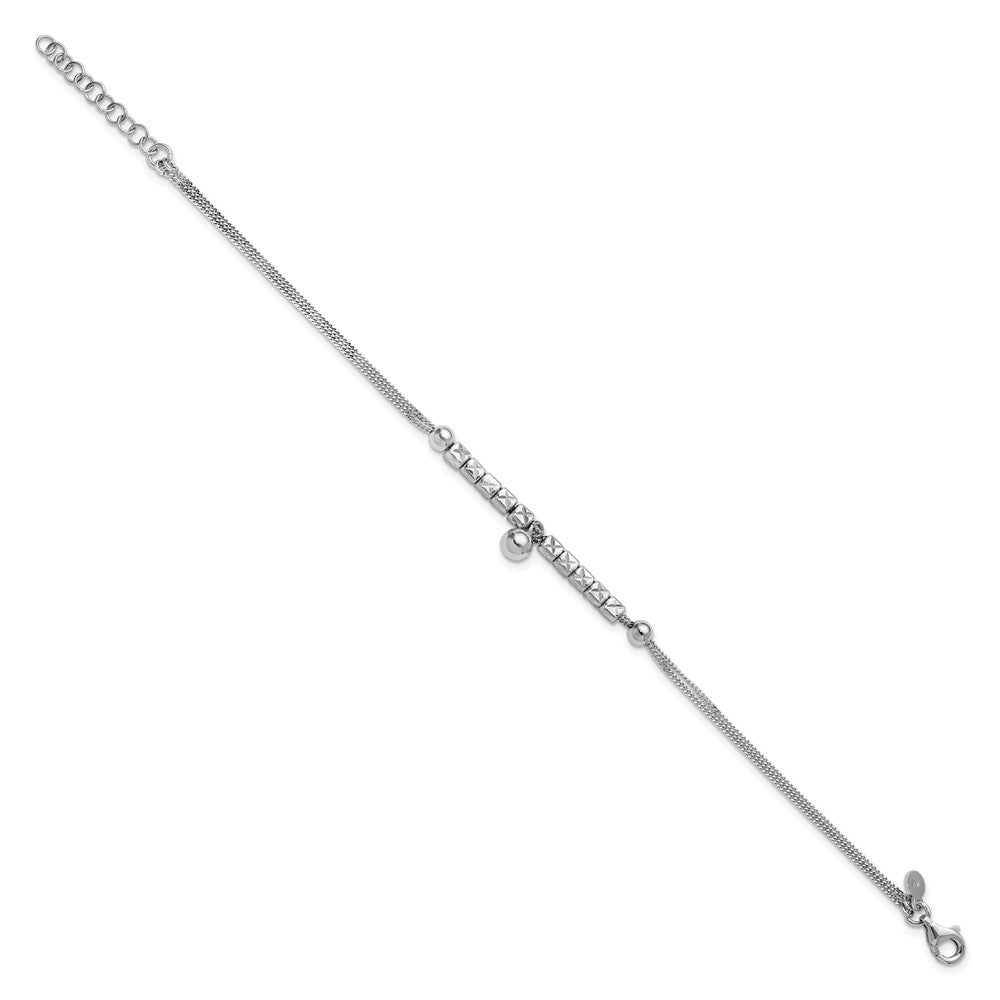 Sterling Silver RH-plat Pol. Fancy 2-strand with 1in ext. Bracelet