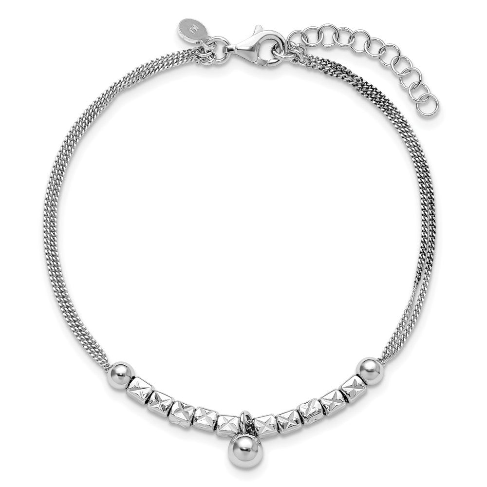 Sterling Silver RH-plat Pol. Fancy 2-strand with 1in ext. Bracelet