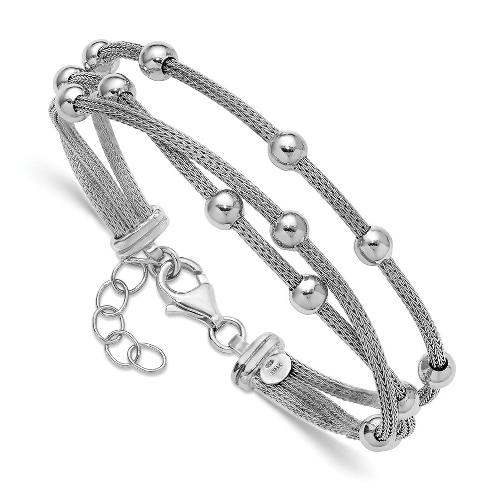 SS Rhodium-plated Polished 3-strand Bead with 1in ext. Bracelet