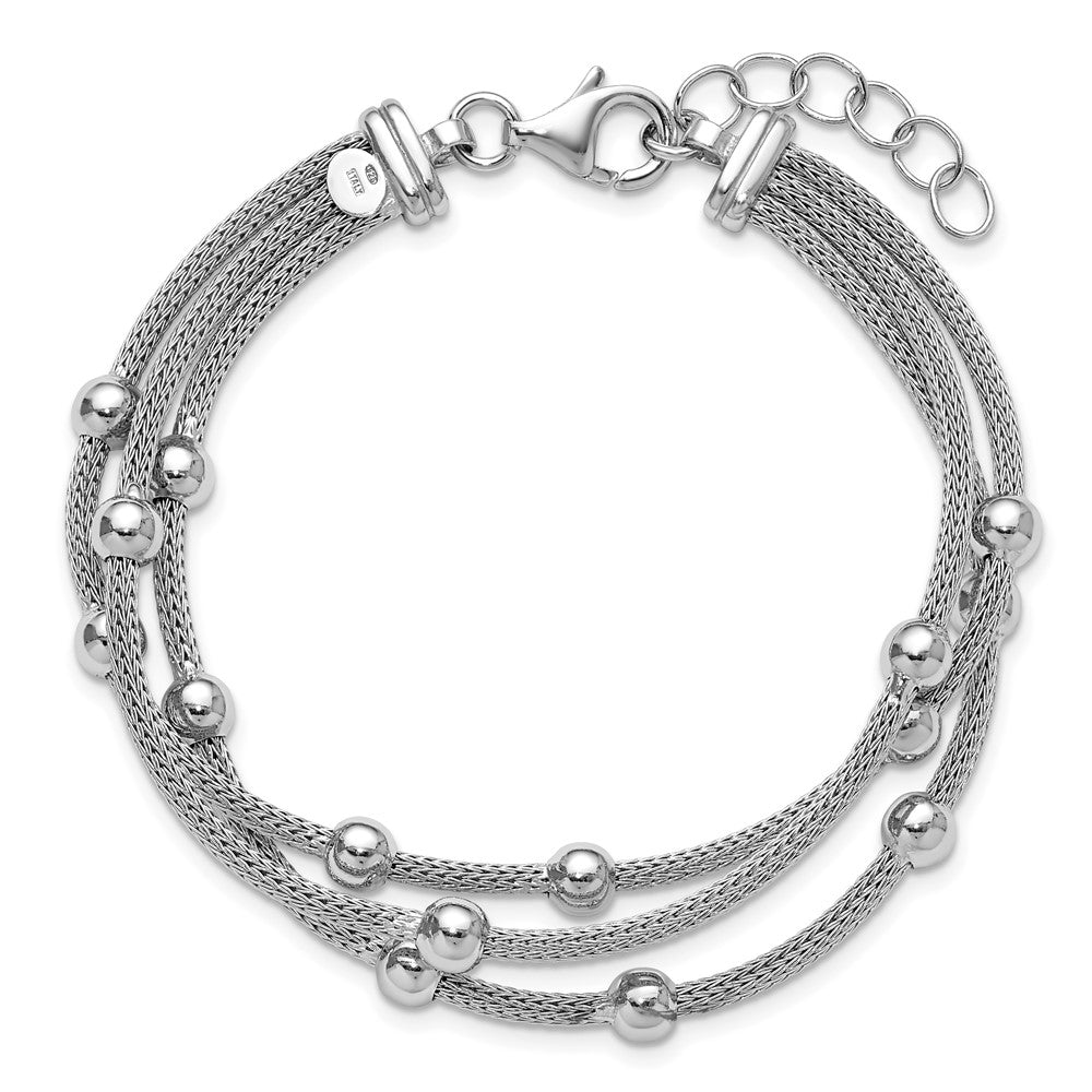 SS Rhodium-plated Polished 3-strand Bead with 1in ext. Bracelet