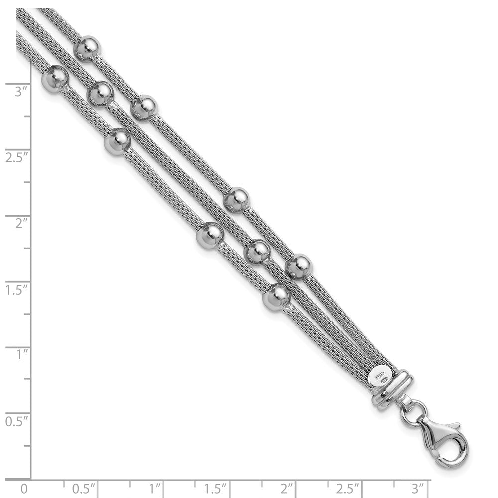 SS Rhodium-plated Polished 3-strand Bead with 1in ext. Bracelet