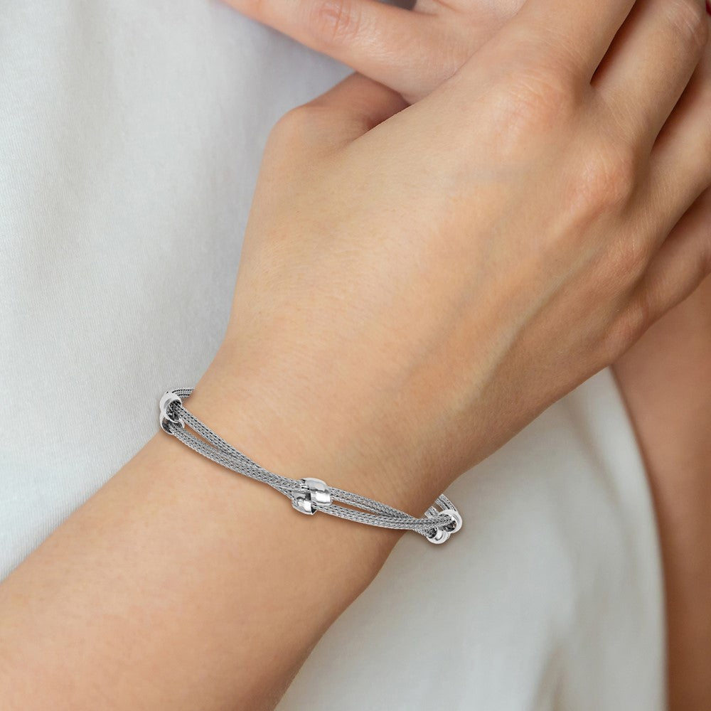 SS Rhodium-plated Polished 2-strand Bead with 1in ext. Bracelet