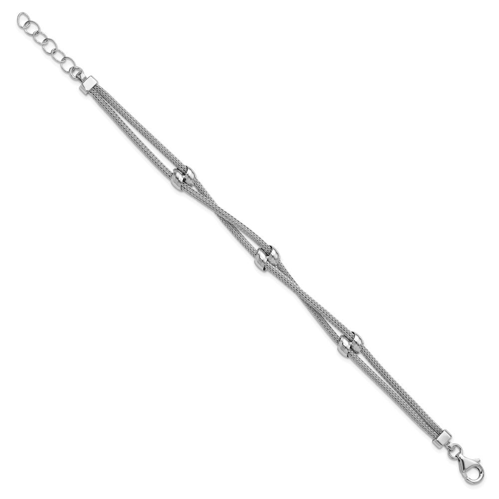 SS Rhodium-plated Polished 2-strand Bead with 1in ext. Bracelet