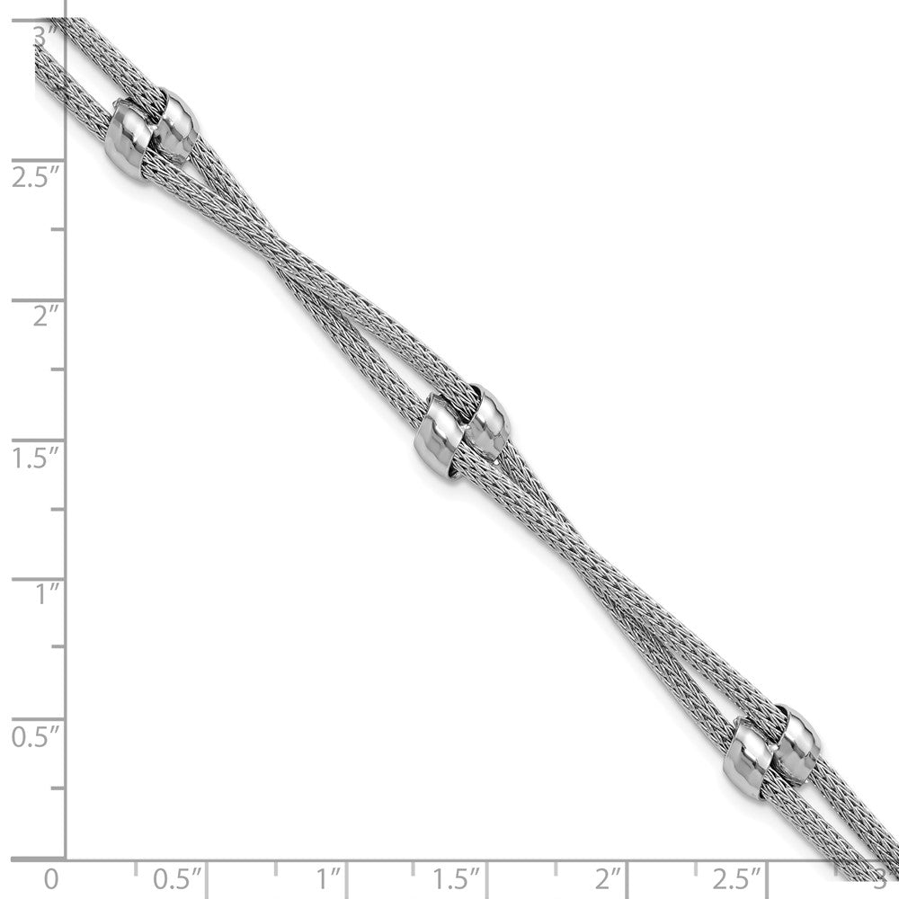 SS Rhodium-plated Polished 2-strand Bead with 1in ext. Bracelet