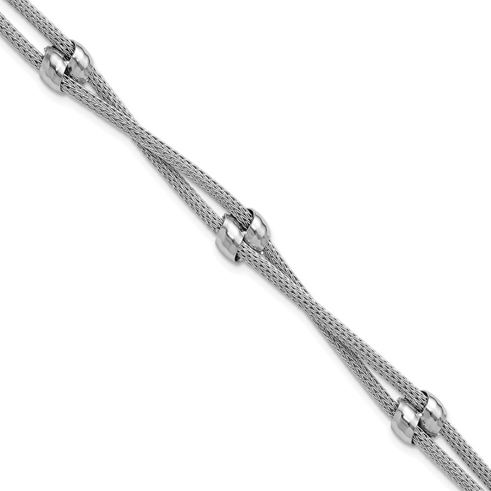 SS Rhodium-plated Polished 2-strand Bead with 1in ext. Bracelet