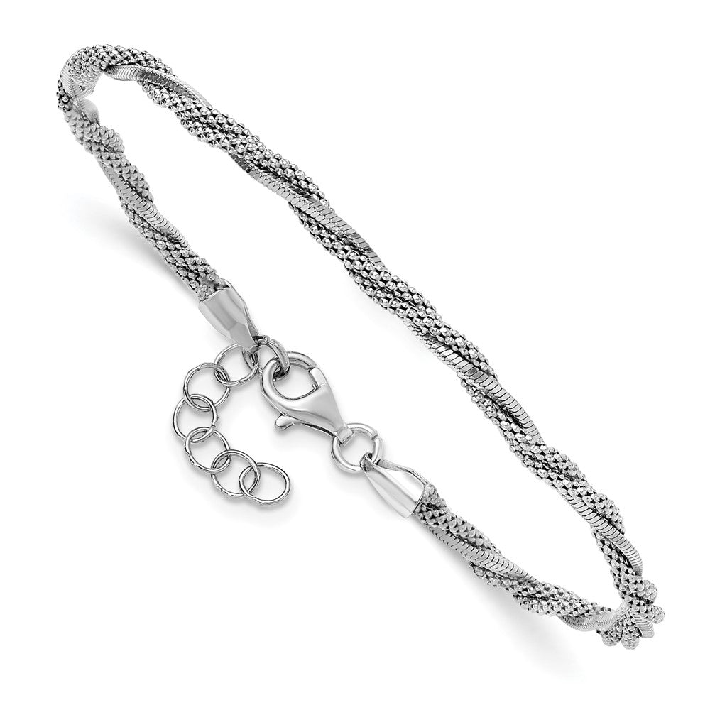 SS Rhodium-plated Polish/Texture Braided with .75in ext. Bracelet